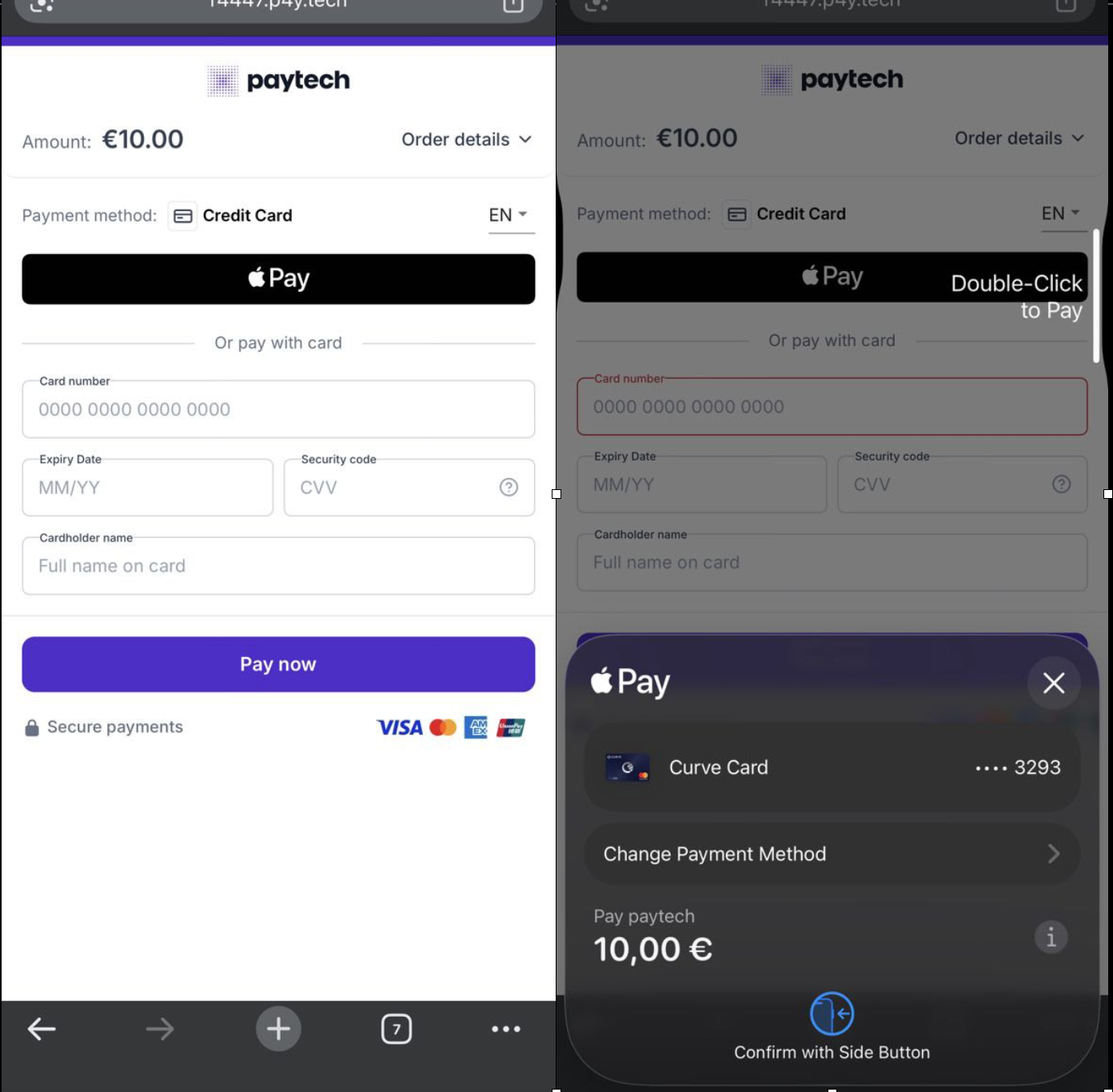 Apple Pay button and confirmation screen